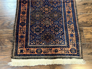 Small Antique Persian Rug 2.7 x 4.7, Handmade Wool Rug, Navy Blue, Balouch Rug, Tribal Rug