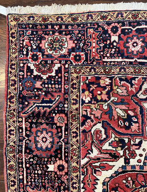 Persian Heriz Rug 8x12, Vintage Geometric Medallion Carpet, Semi Antique Wool Handmade Room Sized Oriental Rug 8 x 12, Red Dark Blue Ivory