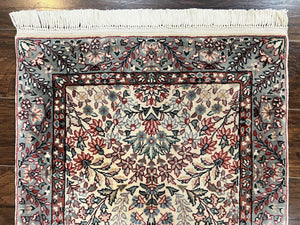 Sino Persian Runner Rug 2.7 x 10, Floral Kirman Lavar Carpet for Hallway, Cream, Handmade Wool Vintage Rug