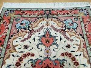 Small Vintage Persian Tabriz Wool and Silk Rug 2.5 x 4 ft, Very Finely Hand Knotted, Medallion, Ivory Salmon Light Blue, Top Quality, Pair A