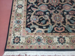 Vintage Indo Persian Mahal Area Rug 4x6, Wool Hand-Knotted Midnight Blue & Ivory Floral Design Indian Carpet, 4 x 6 Traditional Oriental Rug