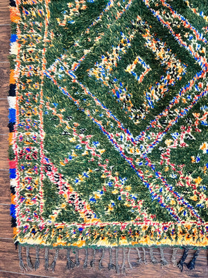 Large Moroccan Shag Rug 6x12, Green Multicolor Colorful Boho Rug, Handmade Hand Knotted Wool Carpet, Geometric Design, Vintage Rug