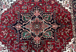 Indo Persian Heriz Rug 8x10, Geometric Medallion, Brick Red Ivory Navy Blue, Room Sized Heriz Carpet, Wool Rug