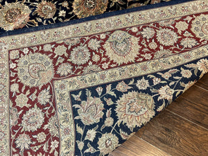 Sino Persian Rug 9x12, Wool Hand Knotted Vintage Oriental Carpet, Navy Blue Floral Allover, Traditional Room Sized 9 x 12 Rug