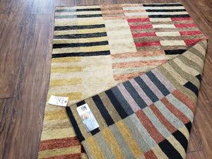 Modern Tibetan Rug 4' x 5' 9", Medium Sized Abstract Handmade Carpet, Hand-Knotted Soft Pile Wool Rug, Multicolor Contemporary Rug, Colorful