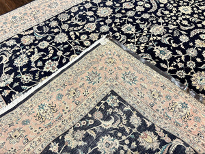 Pak Persian Rug 8x11, Fine Floral Allover Oriental Carpet 8 x 11 ft, Dark Blue and Pink, Room Sized Wool Vintage Rug, Hand Knotted Rug