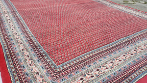 Persian Sarouk Mir Pattern, Red and Beige, Hand-Knotted, Wool, Paisley Boteh Design, 9'9" x 13', Semi Antique