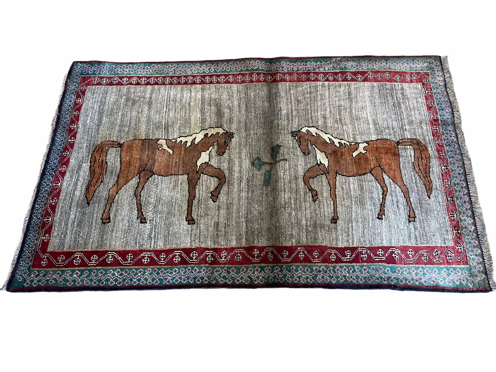 4 X 6 Handmade Rug Zagros New Vintage Quality Wool Rug Horses Silver Brown Nice