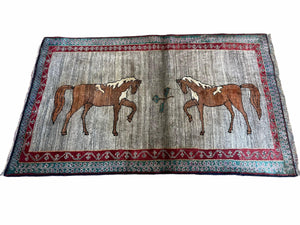 4 X 6 Handmade Rug Zagros New Vintage Quality Wool Rug Horses Silver Brown Nice