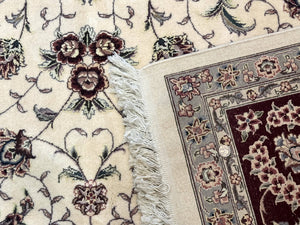 Sino Persian Rug 9x12, Floral Allover Design, 170 KPSI, Ivory and Dark Maroon