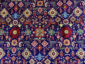Large Persian Tabriz Rug 10x16, Navy Blue and Red, Allover Pattern, Vintage Hand Knotted Wool Carpet