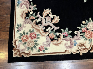 Aubusson Rug 8x11, Black and Ivory, Hooked Rug, Vintage, Wool