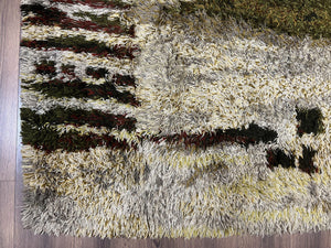 Swedish Rya Shag Rug 5x8, Multicolor Abstract Mid Century Vintage Retro Shag Rug, Soft Fluffy High Pile, Cream Gray Greens, 5 x 8 Shag Rug