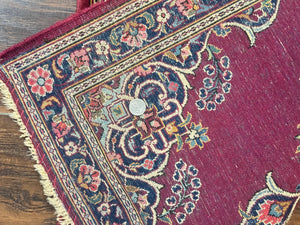 Small Persian Kashan Rug 2x3, Red and Navy Blue, Handmade Vintage Wool Semi Antique Persian Carpet, Semi Open Field, Pair B
