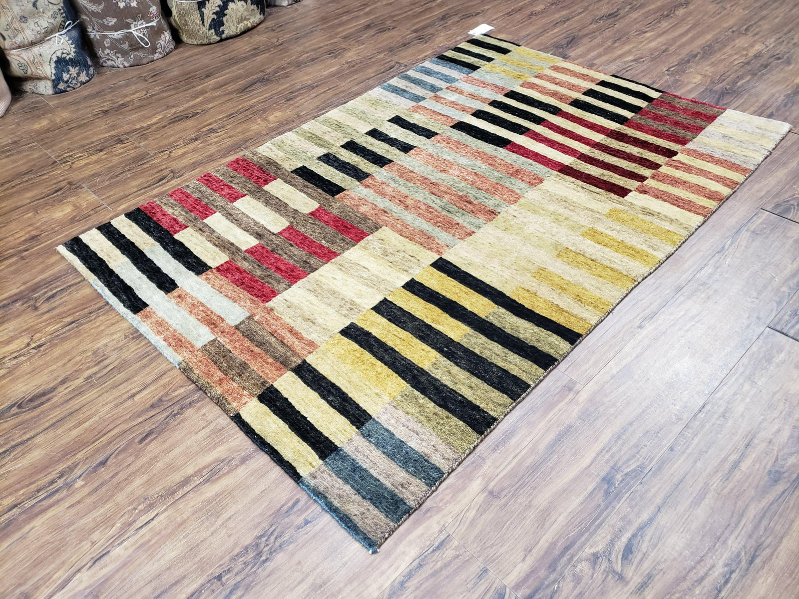 Modern Tibetan Rug 4' x 5' 9", Medium Sized Abstract Handmade Carpet, Hand-Knotted Soft Pile Wool Rug, Multicolor Contemporary Rug, Colorful
