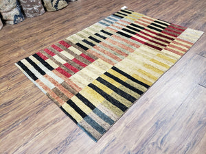 Modern Tibetan Rug 4' x 5' 9", Medium Sized Abstract Handmade Carpet, Hand-Knotted Soft Pile Wool Rug, Multicolor Contemporary Rug, Colorful