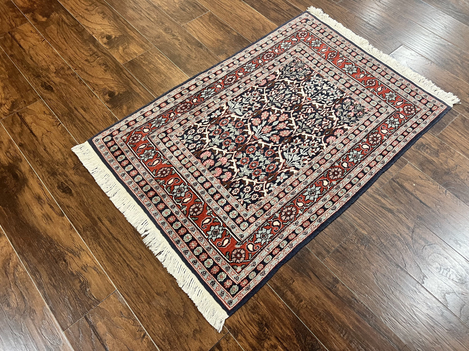 Pak Persian Rug 3x4, Wool Hand Knotted Vintage Traditional Carpet, Navy Blue & Red, Very Fine Small Handmade Floral Rug