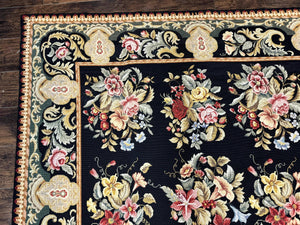 Palace Size Needlepoint Rug 12x16, Black and Colorful, Floral Panel, Handmade Oversized Wool Needlepoint Carpet, Rare