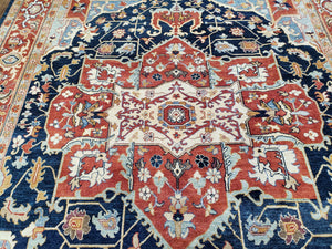 Safavieh Samarkand Heriz Rug 8x9 ft, Colorful Serapi Room Sized Hand-Knotted Wool Carpet, Tribal Rug, Vintage Oriental Rug, Navy Blue & Red