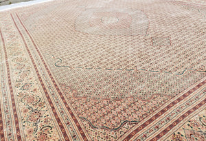 Stunning Oversized Pak Persian Oriental Rug 12x15, Hand Knotted Wool & Silk Palace Sized Carpet, Mahi Pattern, Very Fine, Peach Beige, Wow