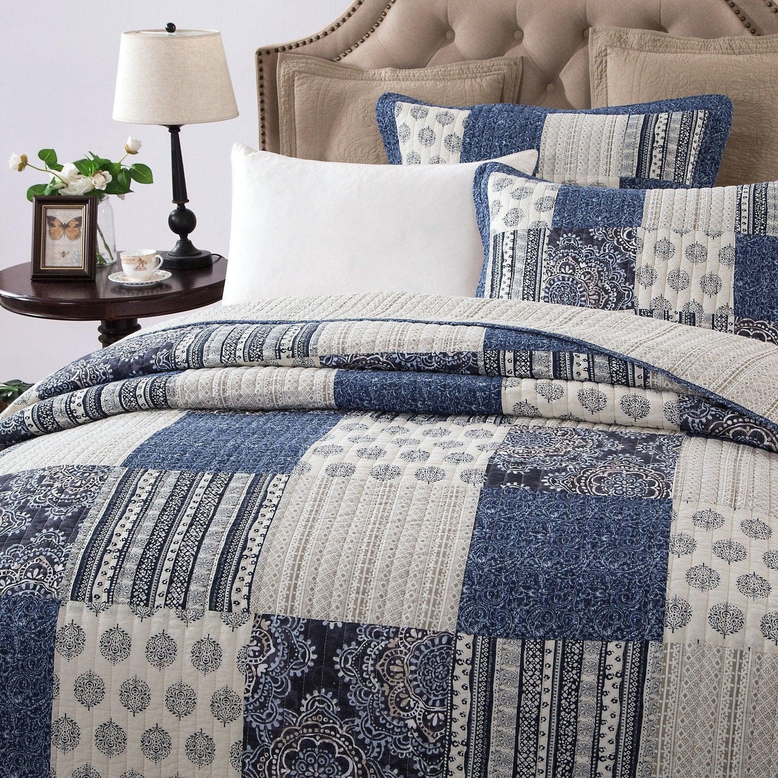 DaDa Bedding Denim Blue Patchwork Cotton Quilt Set