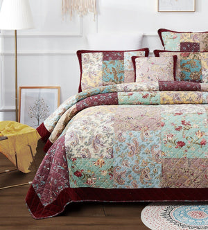 DaDa Bedding Burgundy Paisley Patchwork Cotton Quilt Set