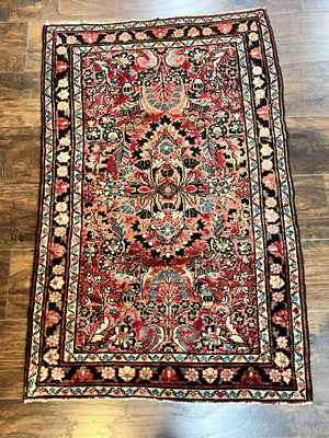 Small Antique Persian Rug 2.6 x 4, Red Floral Handmade 1920s Wool Rug, Persian Hamadan Lilian Rug