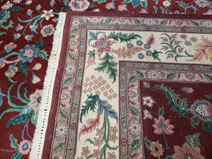 Indo Persian Rug 7.9 x 9.9 ft, Room Sized Indian Carpet, Wool Handmade Vintage Rug, Allover Floral Rug, Traditional Rug, Red Ivory Blue 8x10