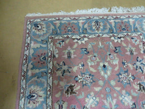 Indo Persian Runner Rug 2.8 x 12, Wool Hand Knotted, Pink and Light Blue