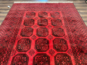 Afghan Turkoman Rug 7x10, Vintage Yamud Beshir Bokhara Carpet, Red and Black Bukhara Hand-Knotted Oriental Wool Handmade Rug, Elephant Foot