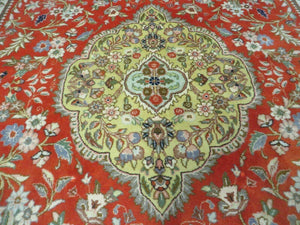 Vintage Persian Tabriz Rug 9x12, Tabatabaie Rug 9x12 Carpet, Handmade Hand Knotted Wool Area Rug, Tomato Red Beige, Medallion Rug, Floral