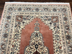 Indo Persian Rug 6x9, Semi Open Field Medallion Rug, Vintage Hand Knotted Wool Oriental Carpet, Traditional Rug, Light Pink, Medium Size