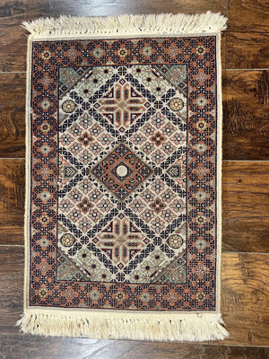 Small Indo Persian Rug 1.5 x 2, Hand Knotted Oriental Carpet, Wool Vintage Handmade, Cream Multicolor, Panel Design