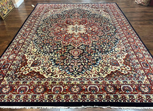 Indo Persian Rug 9x13, Floral Medallion, Midnight Blue & Burgundy, Hand Knotted Vintage Room Sized Traditional Wool Oriental Carpet
