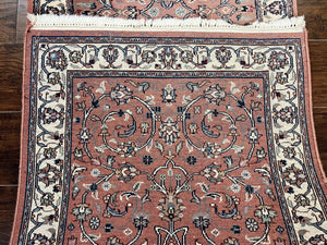 Indo Persian Runner Rug 2.6 x 10, Wool Hand Knotted Vintage Oriental Carpet, Pink & Ivory, Floral Allover, Hallway Rug
