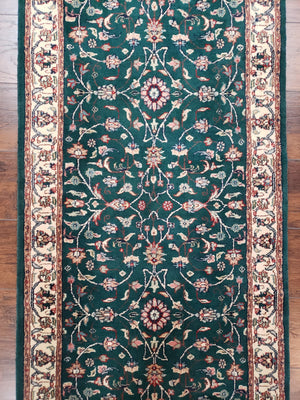 Extra Long Runner Rug 24 ft, Skinny & Long Rug for Hallway Corridor 2.6 x 24 Indo Persian Vintage Wool Rug Green and Cream Handmade Oriental