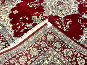 Pak Persian Rug 9x12, Handmade Vintage Traditional Wool Carpet, Floral Medallion, Dark Red Ivory/Cream, Fine 250 KPSI