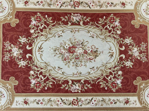 Aubusson Needlepoint Rug 5x8, Red Ivory Tan, Vintage Needlepoint Carpet 5 x 8 ft, Handmade Hand woven Wool, French European, Medium Size Rug
