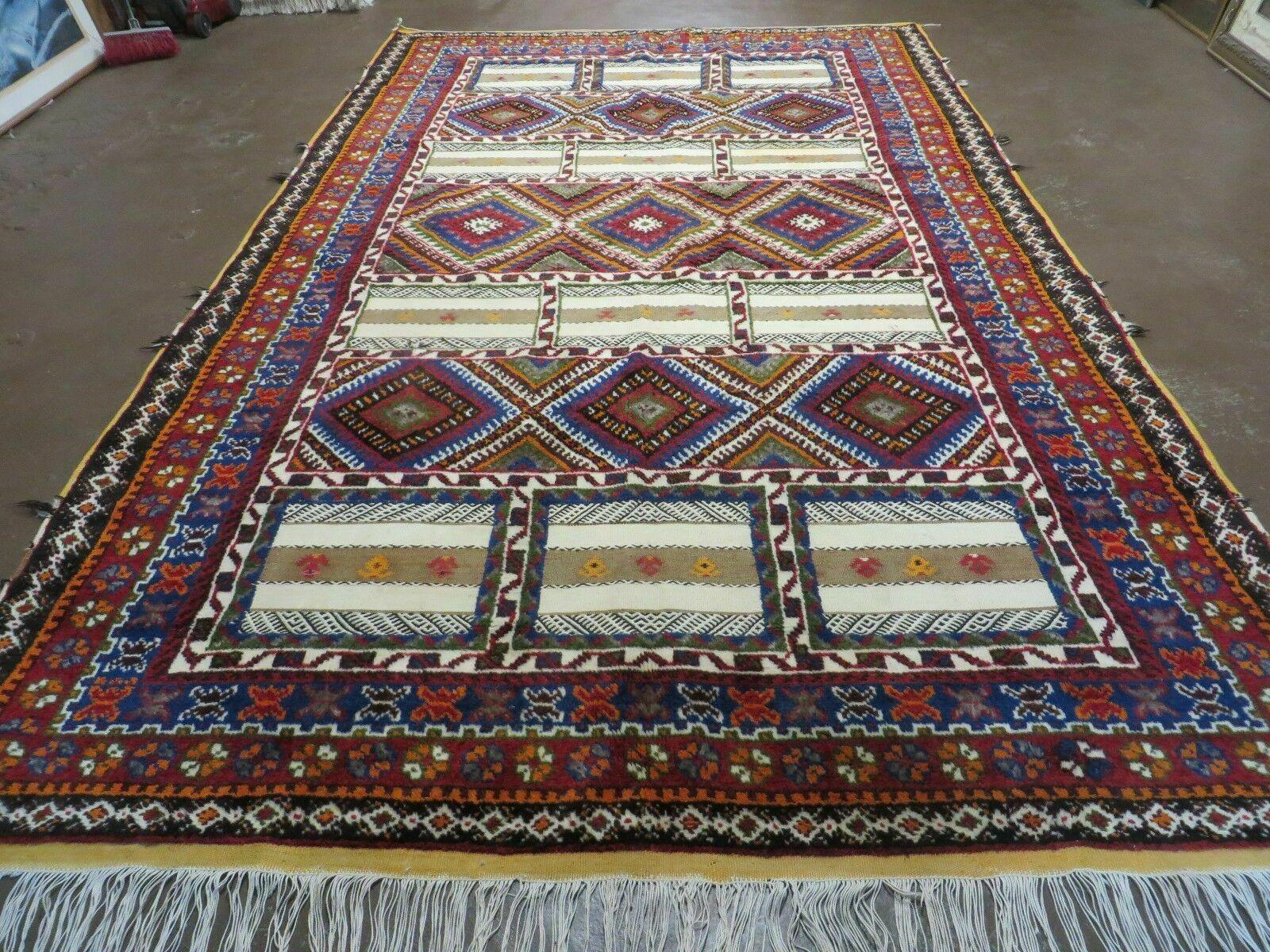 7x11 Moroccan Rug, Vintage Moroccan Carpet, Tribal Rug 7 x 11, Geometric Rug, Diamond Panels, Multicolor, Hand Knotted Wool Rug, Unique Rug