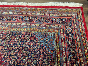Indo Persian Bidjar Rug 10x14, Red and Dark Blue, Herati Mahi Pattern, Vintage