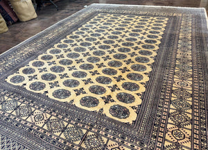 Pakistani Bokhara Turkoman Rug 9x11, Cream, Handmade Wool Vintage Carpet