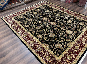 Indo Persian Rug 8x10, Black and Maroon Floral Allover Wool and Silk Oriental Carpet 8 x 10 ft, Hand Knotted Traditional Vintage Room Sized