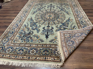 Light Green and Blue Persian Kashan Rug 7x10, Authentic Persian Carpet, Handmade, Wool