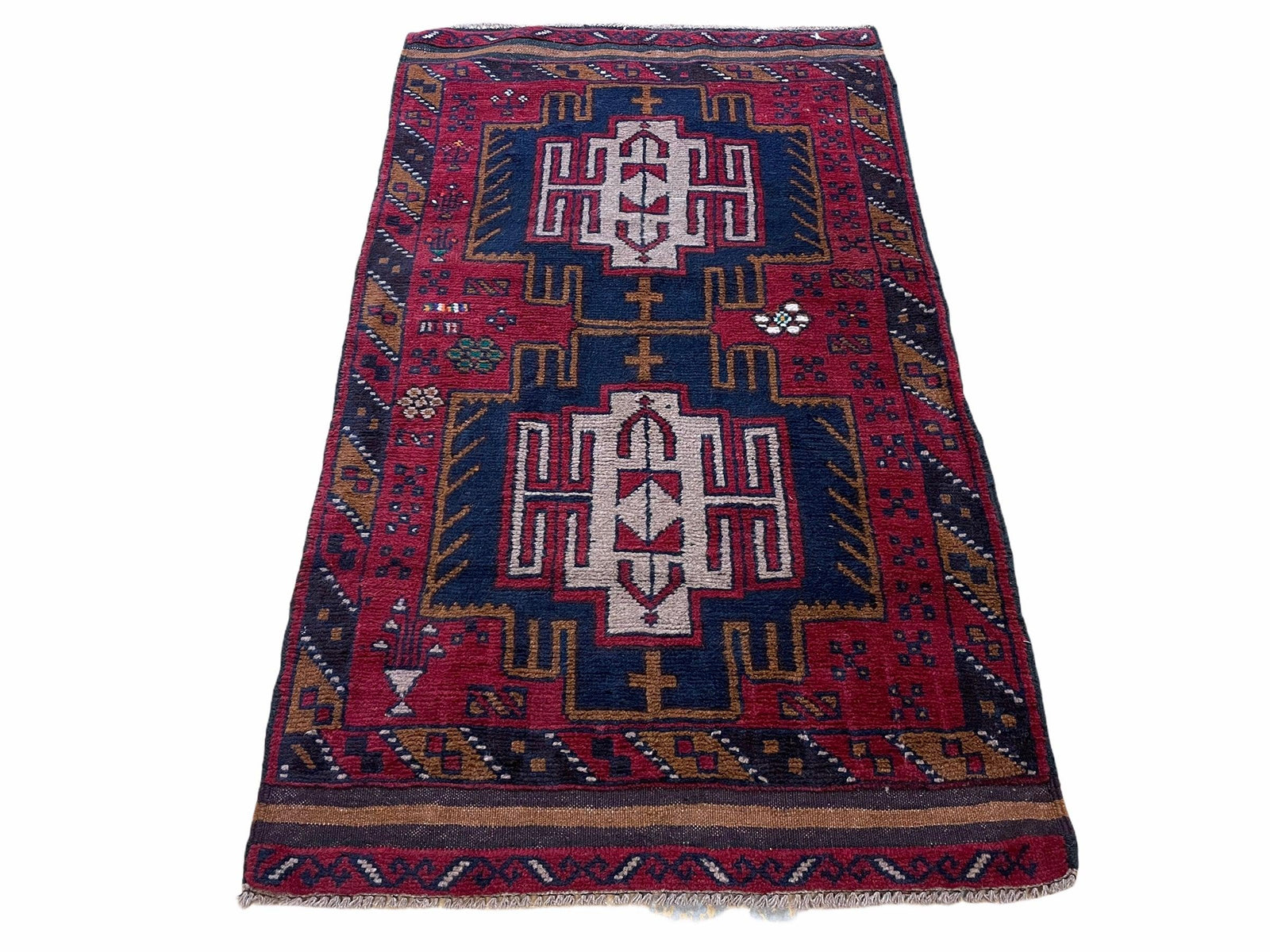 2' 9" X 4' 7" Vintage Handmade Tribal Wool Rug Balouchi Rug Afghan Rug Red Beige
