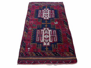 2' 9" X 4' 7" Vintage Handmade Tribal Wool Rug Balouchi Rug Afghan Rug Red Beige