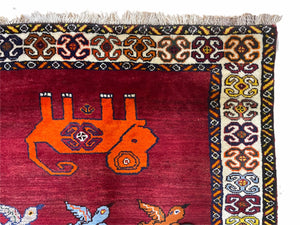 4 X 6 Handmade Zagros Wool Rug Horse Birds Ram Sheep Colorful New Vintage Rug