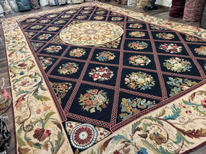 Palace Size Needlepoint Rug 12x20, European French English Aubusson Floral Design, Black and Beige