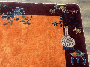 Chinese Art Deco Rug 5x8, Antique Chinese Wool Rug, Nichols Rug, Rare Chinese Carpet, Orange and Purple-Maroon