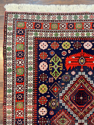 Persian Afshar Tribal Rug 5x6, Geometric Pattern, Navy Blue Multicolor Antique Vintage Persian Carpet, Hand Knotted Handmade Wool Rug