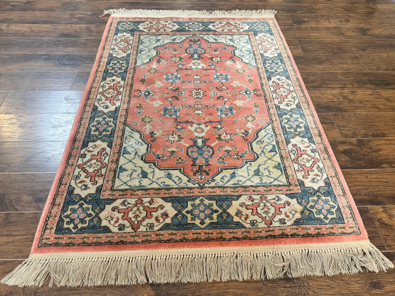 Karastan Rug 4x6 Bergama Design #737, Karastan Area Rug, Vintage Wool Karastan Carpet, Original Collection 700 Series, Salmon Red Light Blue
